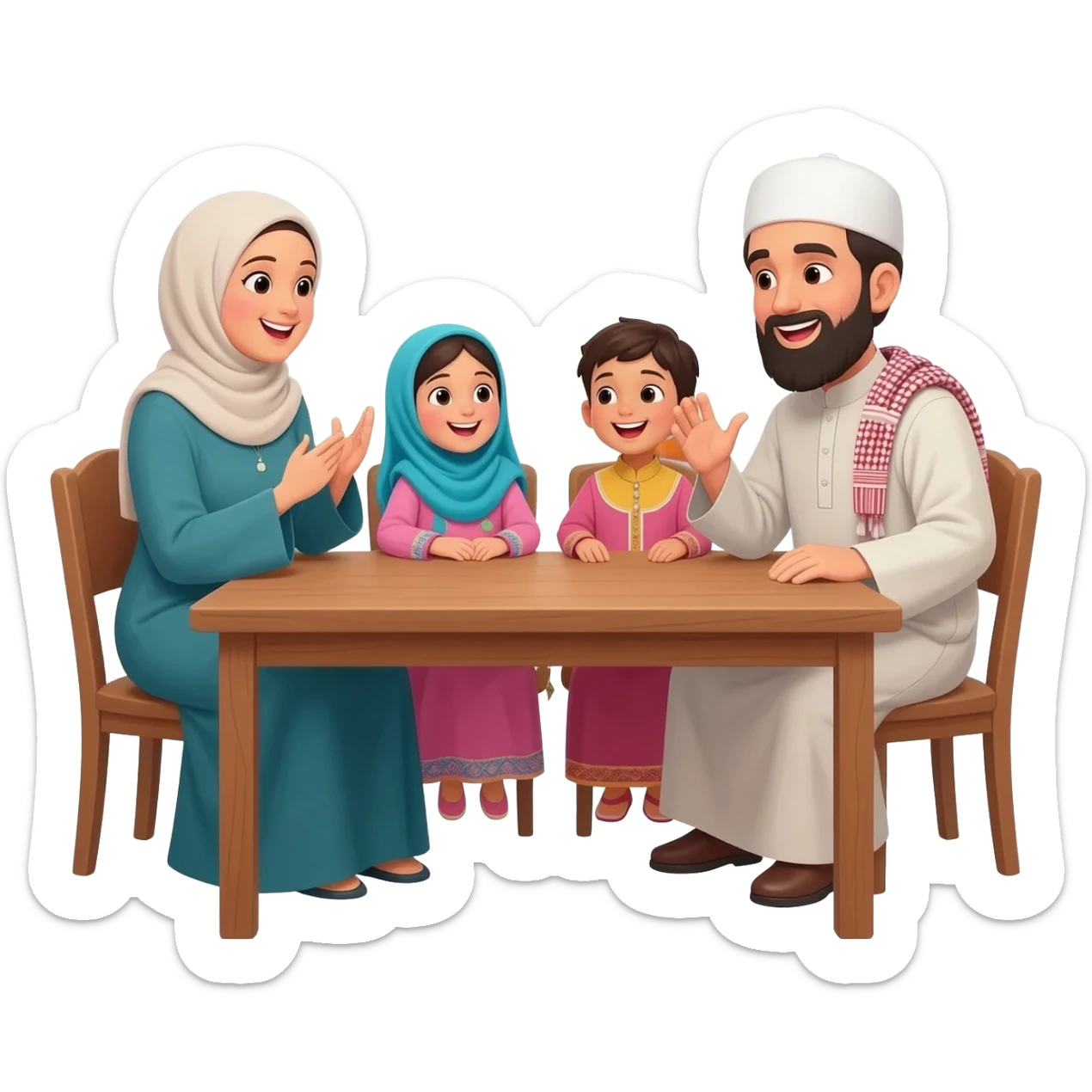 islamic family sitting on table; mother wearing without hijab; father with beard and islamic clothes white cap on head; little girls without  hijab and one little boy; kids wearing traditional clothes and talking happily to each other sticker