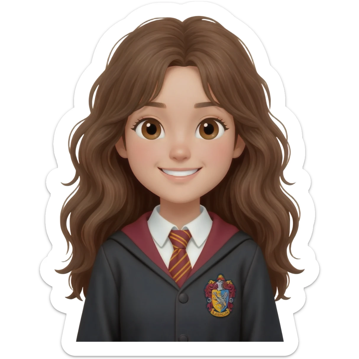asian girl wearing ravenclaw uniform, long brown messy wavy hair and brown eyes sticker