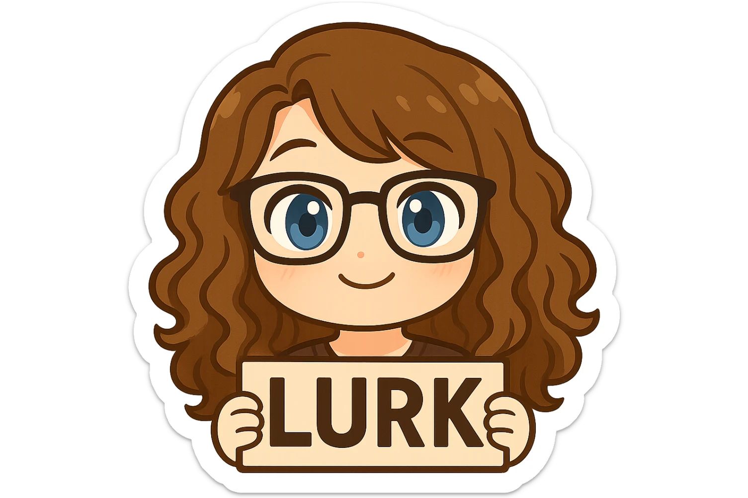 Create a chibi sticker emoji of a person with glasses and curly hair holding a 'LURK' sign. The style should be cute and expressive with a transparent background. sticker