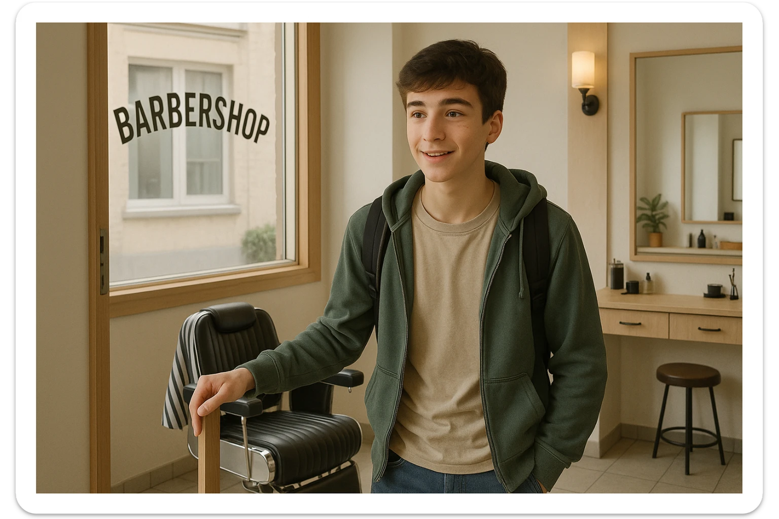 Sartaroshxonaga kirib kelayotgan o'smirin bola sartaroshxona eski ham emas yangi ham emas sticker