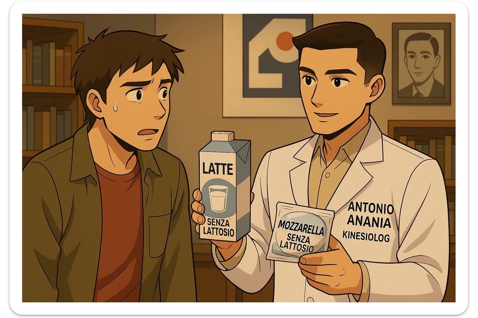 fai un webtoon manga a colori con questo stile, in cui un uomo ASCOLTA Il kinesiologo con il camice bianco (fagli anche la scritta "ANTONIO ANANIA" SUL CAMICE, IL KINESIOLOGO SPIEGA ALL'UOMO UNA MOSTRANDO VARI PRODOTTI DA SUPERMERCATO CONFEZIONATI (TIPO SCATOLA DI LATTE SENZA LATTOSIO, MOZZARELLA SENZA LATTOSIO), OGNI CONFEZIONE HA LA SCRITTA "SENZA LATTOSIO SULL'ETICHETTA. L'UOMO OSSERVA IL KINESIOLOGO CON ESPRESSIONE CONFUSA IN VOLTO. non fare i fumetti però, fai solo in modo che sembri stiano parlando sticker