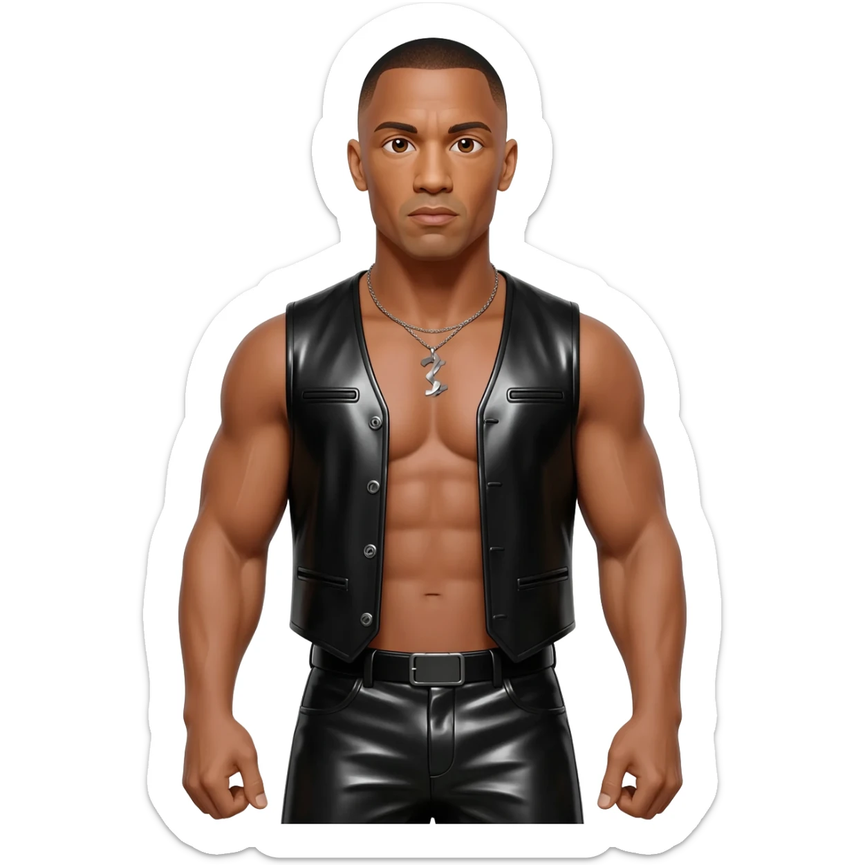 Dwayne Johnson with brown eyes, black short hair, black metallic vest, black metallic baggy pants, shirtless with necklace sticker