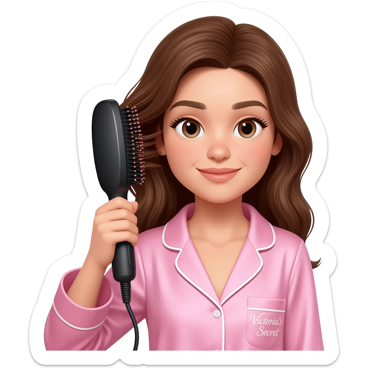 Girl in Victoria's Secret pajamas using a styling brush on her hair. sticker