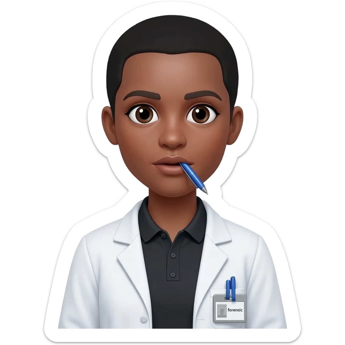 Hacer un emoji con bata, que se alcance a ver una bolígrafo azul en la bata, una polo color negro y un gafete colgando que diga forense, la cara que sea un poco femenina, cabello muy corto, que de su boca salga un globo de hablar que diga 53 sticker
