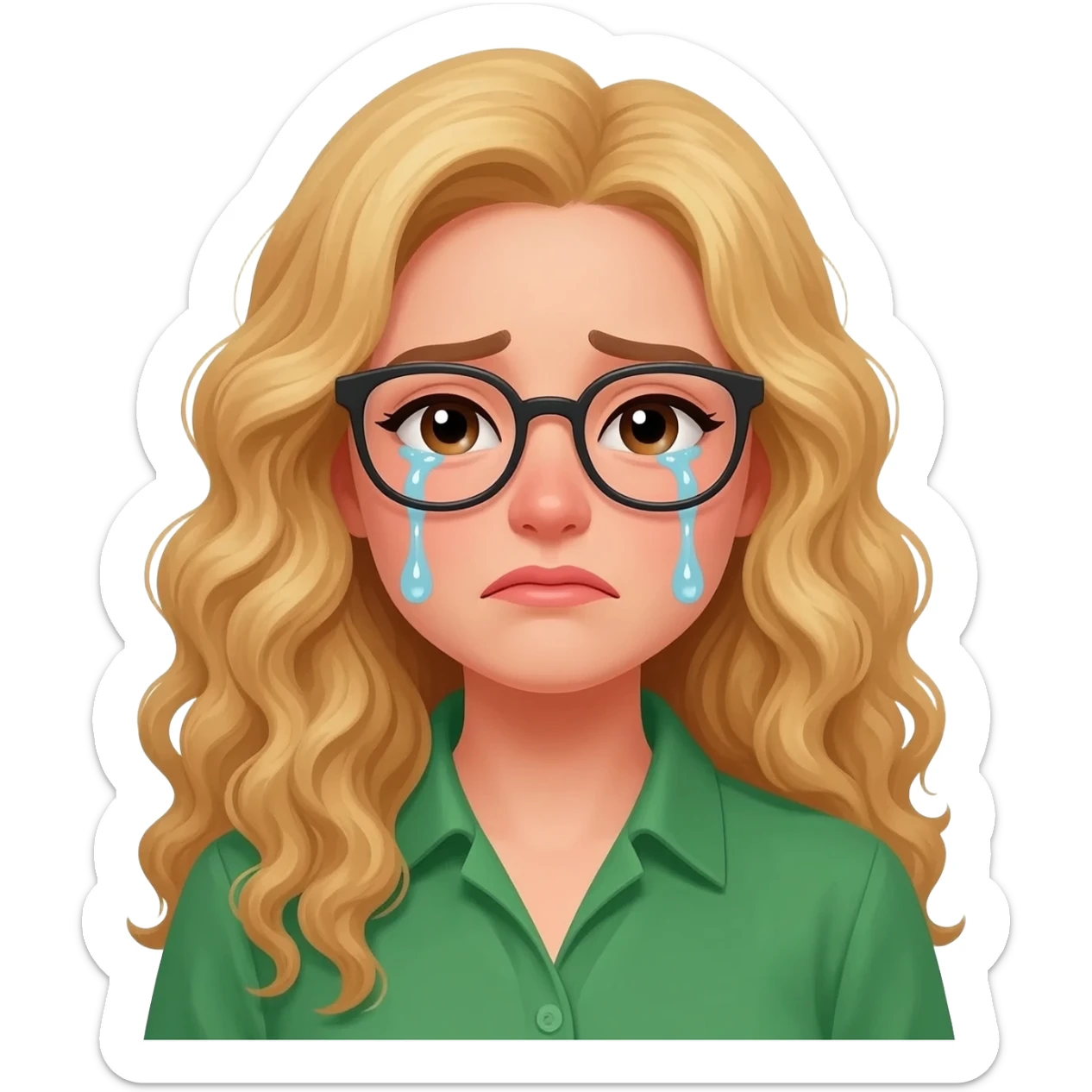 green shirt crying woman with long curly blonde hair an glasses sticker
