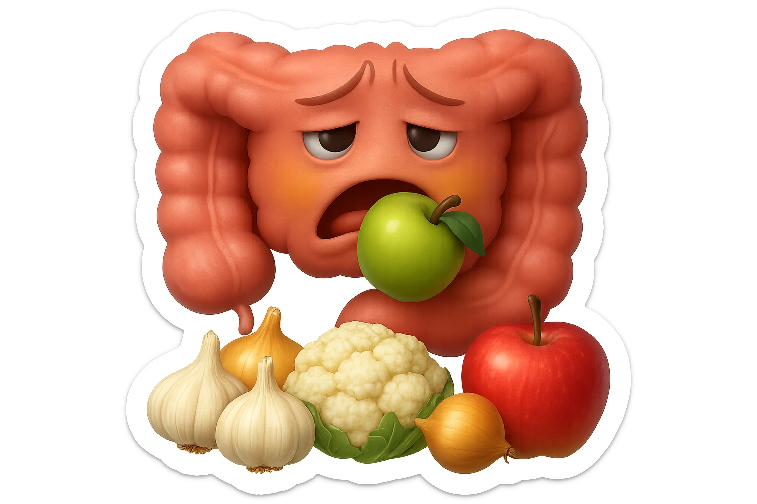 EMOJI STILE IPHONE DI UN INTESTINO UMANO IN CRISI PERCHé STA MALE, IN BOCCA HA UNA MELA E DAVANTI A LUI C'è UNA MONTAGNA DI aglio, cipolle, cavolfiore e mele, IPERREALISTICO 4K sticker