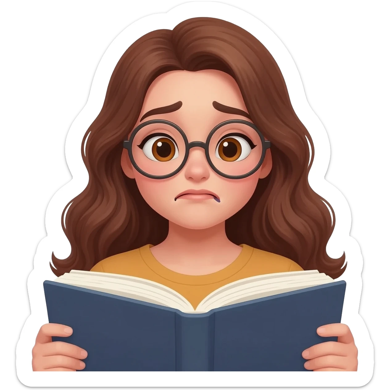 detailed emoji illustration of a curvy woman with long chestnut brown wavy hair, light brown eyes and round glasses reading a book with an emotional expression, touched by the story, emoji style sticker