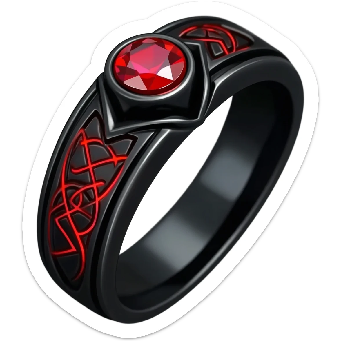 A fancy Obsidian Ring with a red gem and intricate symbols craved into the ring that glow red sticker
