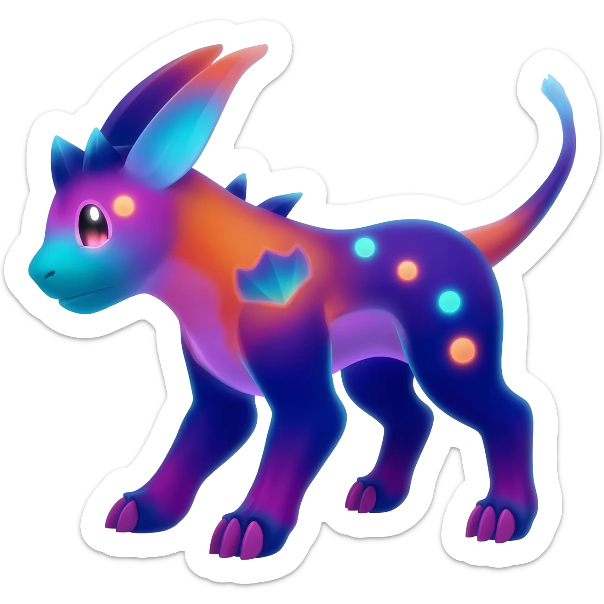 Colorful bioluminescent dark abysmal abyssal neon-glowing Trico-Sergal-Furret-Ferret-Wickerbeast-Vernid-fusion-Fakemon-animal-hybrid-creature, full body sticker