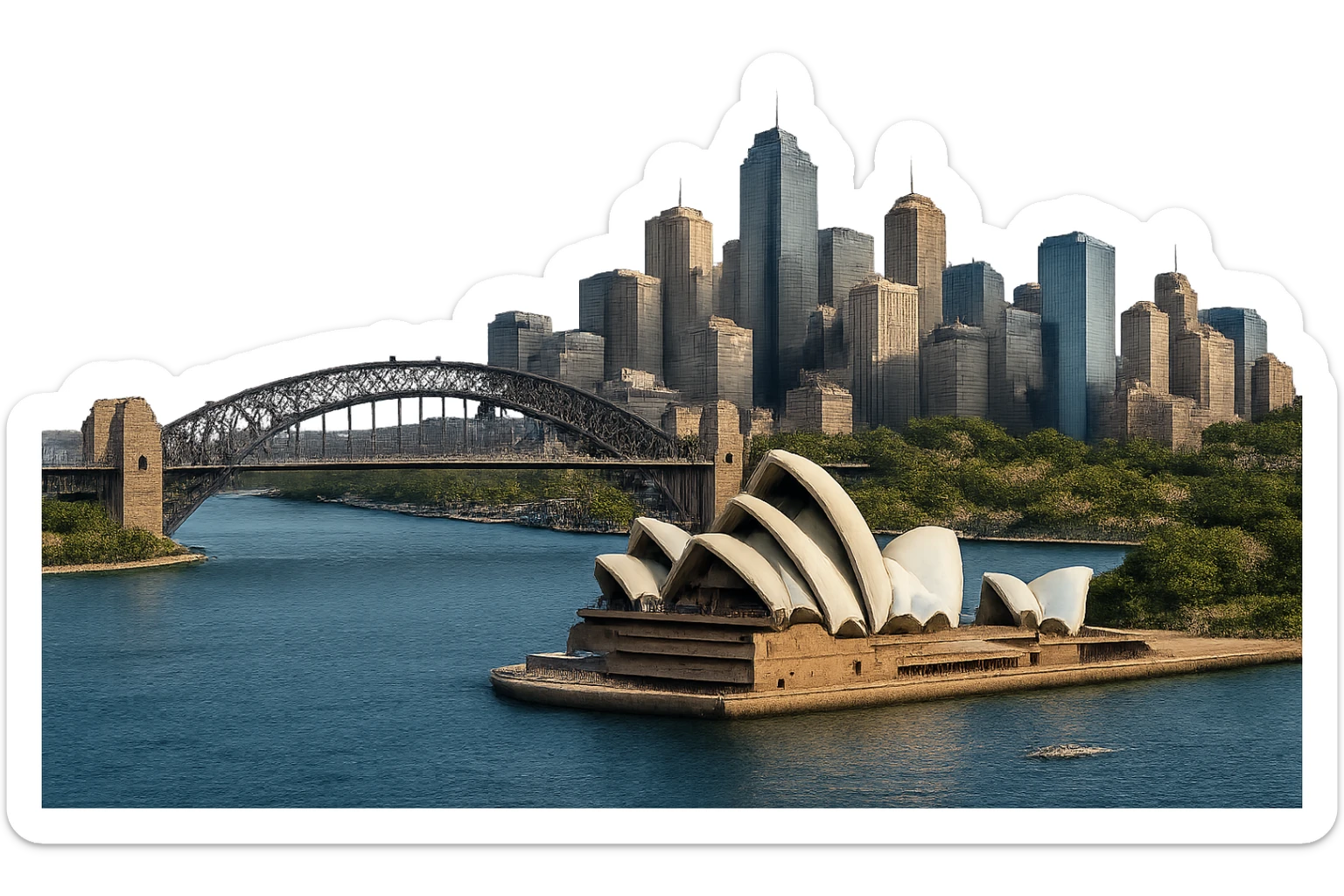cinematic, realistic emoji of Sydney, featuring a wide city view with iconic landmarks such as the Sydney Opera House, Sydney Harbour Bridge, and the city skyline, with lifelike detail, accurate colors, bright daytime lighting, fully transparent background with no sky and no clouds sticker