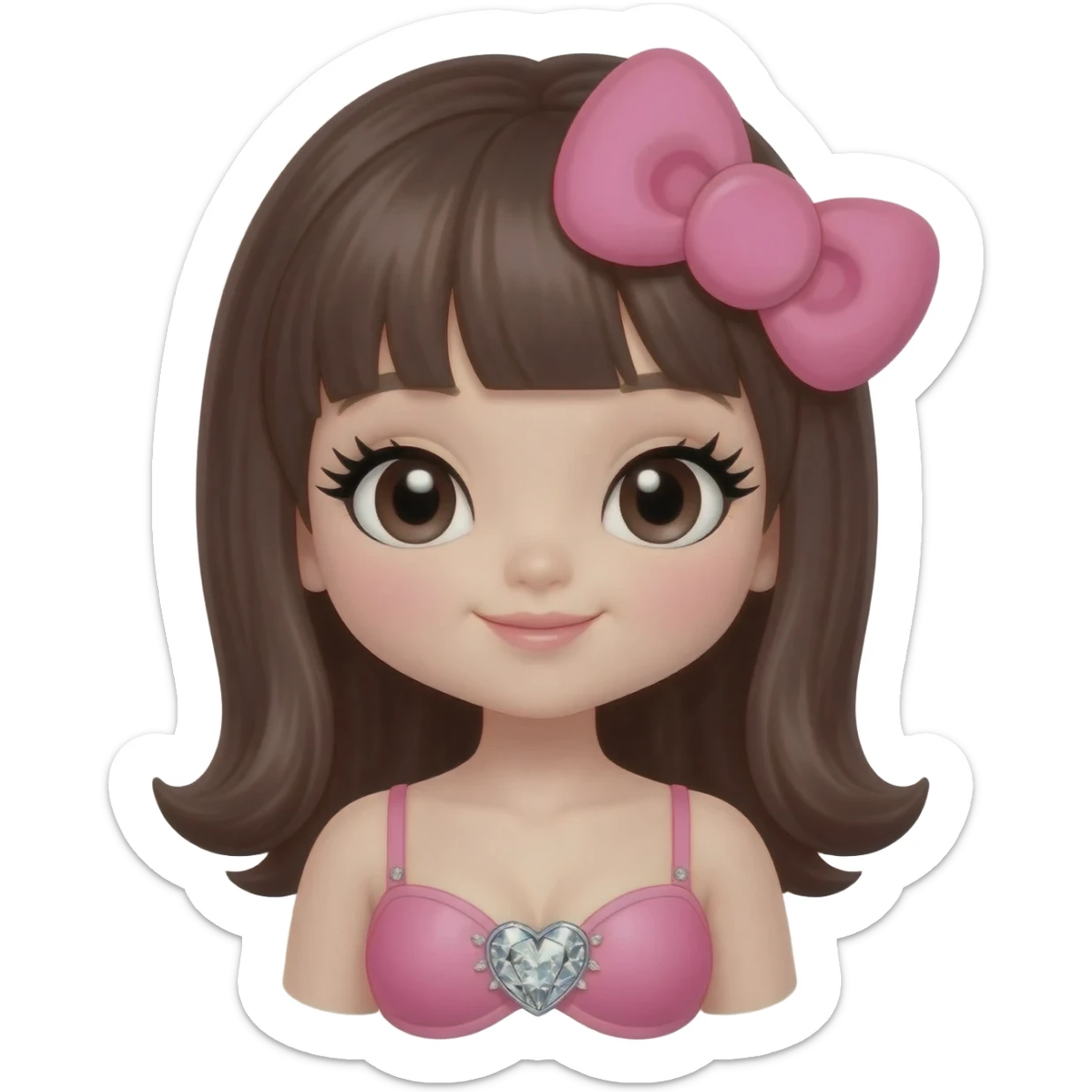 Brown hello kitty girl, Long giant lashes, Doll faced shaped,swarovski heart with light pink bra, with pink hello kitty bow, dark brown hair sticker