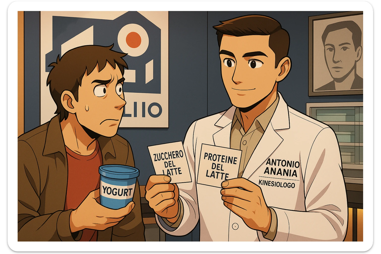 fai un webtoon manga a colori con questo stile, in cui un uomo ASCOLTA Il kinesiologo con il camice bianco (fagli anche la scritta "ANTONIO ANANIA" SUL CAMICE, IL KINESIOLOGO SPIEGA ALL'UOMO UNA COSA TENENDO DUE FOGLIETTINI IN MANO, UNO CON LA SCRITTA "ZUCCHERO DEL LATTE" E UNA CON LA SCRITTA "PROTEINE DEL LATTE". L'UOMO OSSERVA LO YOGURT CHE HA IN MANO CON ESPRESSIONE DUBBIOSA IN VOLTO. non fare i fumetti però, fai solo in modo che sembri stiano parlando sticker