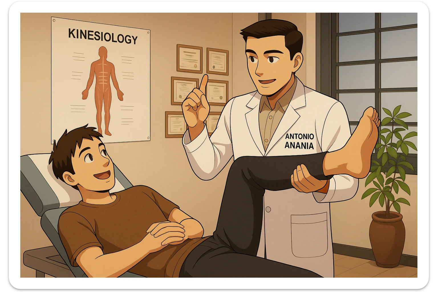su questo lettino rappresenta un webtoon manga a colori con questo stile, in cui un uomo è steso sul lettino medico e il kinesiologo con il camice bianco (fagli anche la scritta "ANTONIO ANANIA" SUL CAMICE, gli solleva una gamba per fargli il test neuromuscolare, IL KINESIOLOGO SPIEGA ALL'UOMO UNA cosa mentre gli alza la gamba. l'espressione dell'uomo è felice e soddisfatta, non fare i fumetti però, fai solo in modo che sembri stiano parlando sticker