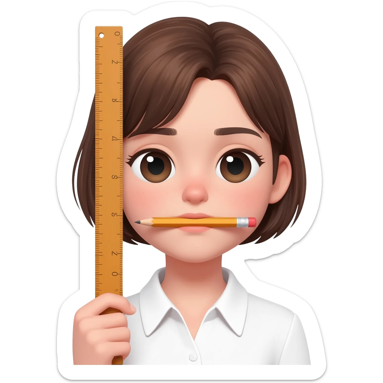 Girl with a pencil horizontally under her chin and a ruler held vertically from her ear downwards sticker