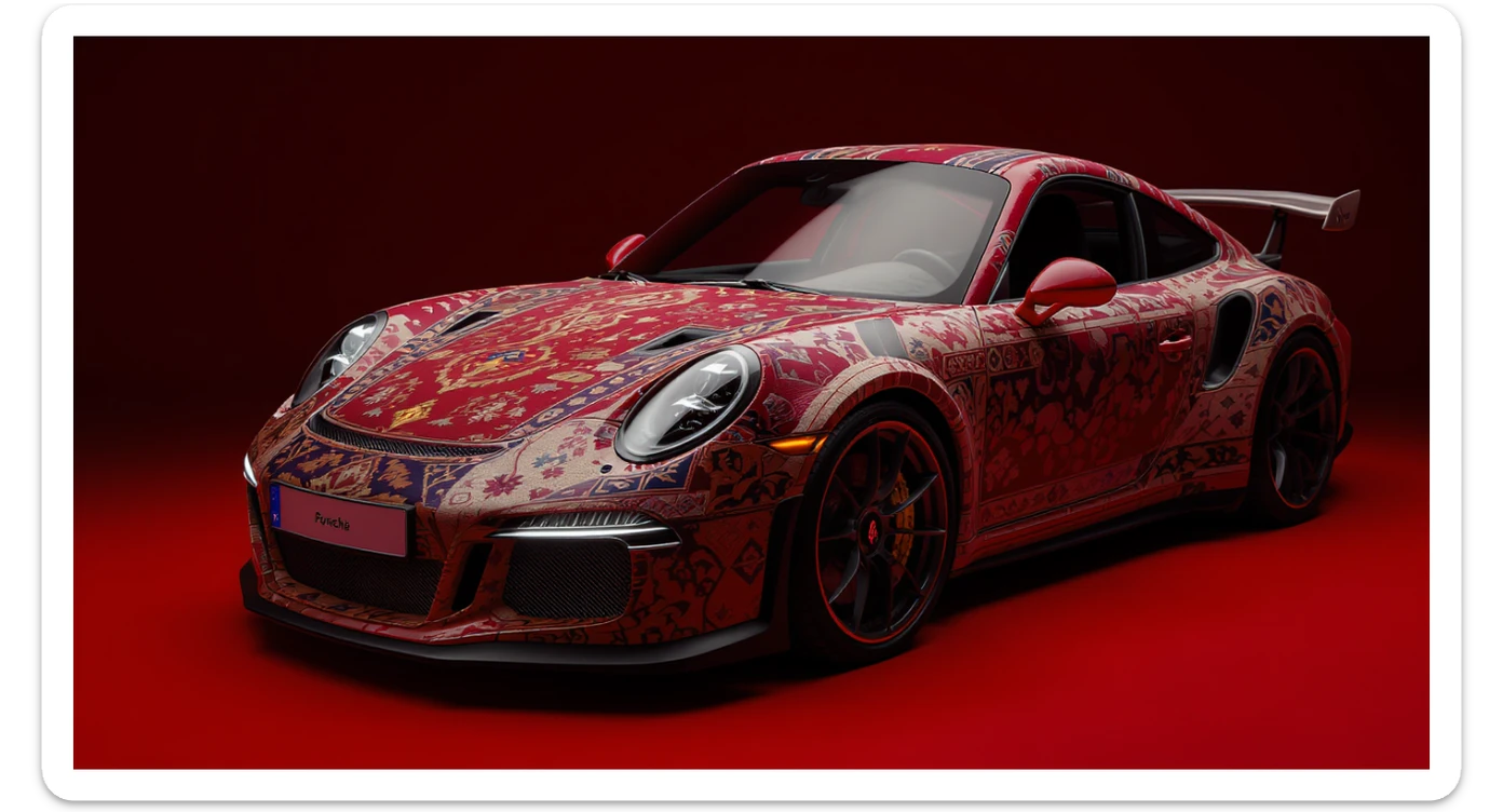 Closeup shot of a porsche 911, body of car made of russian carpet with patterns, red solid studio background, very dark room, top low key light, dutch angle, haze, captured by ARRI 65 sticker