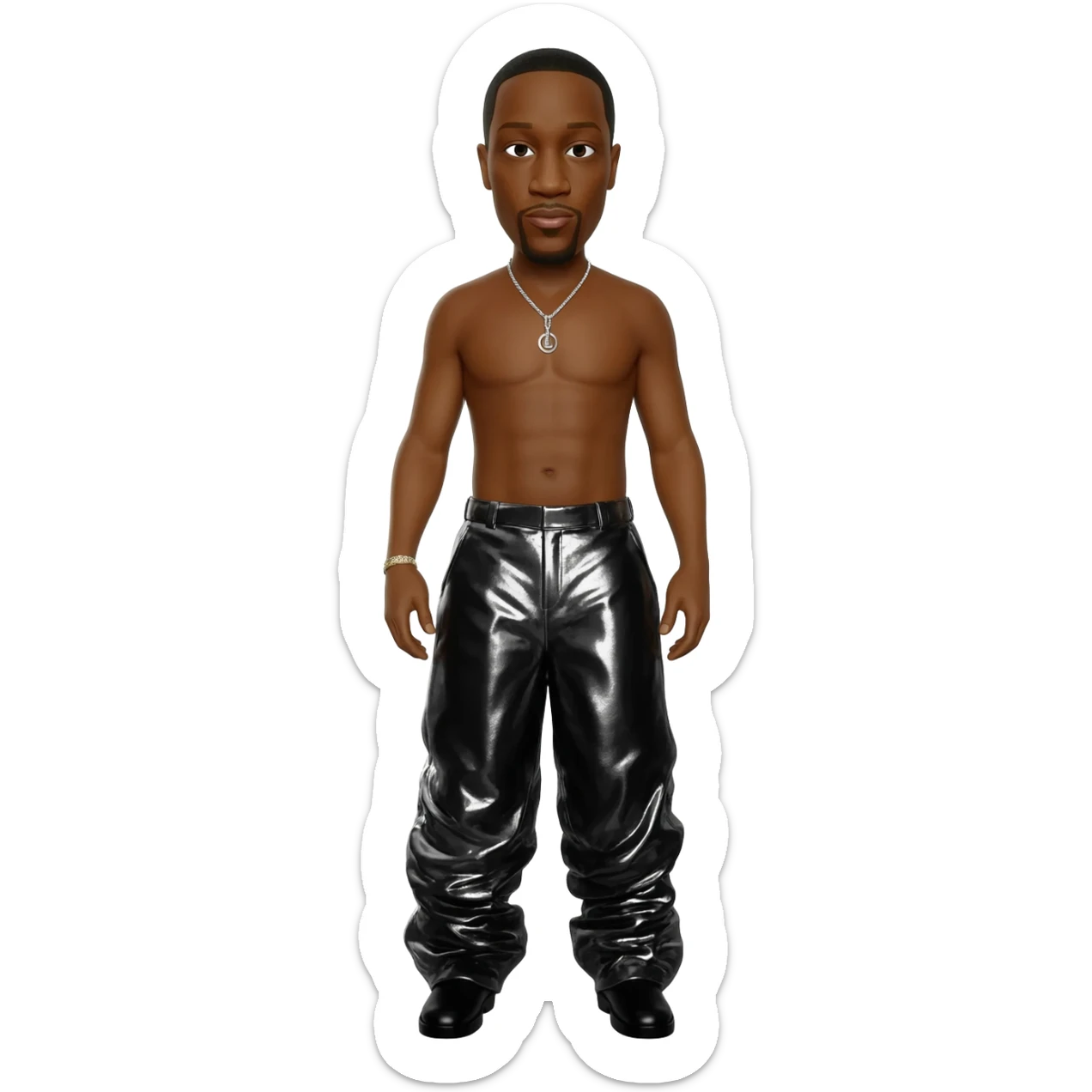 Jay-Z with black metallic baggy pants, shirtless with necklace sticker