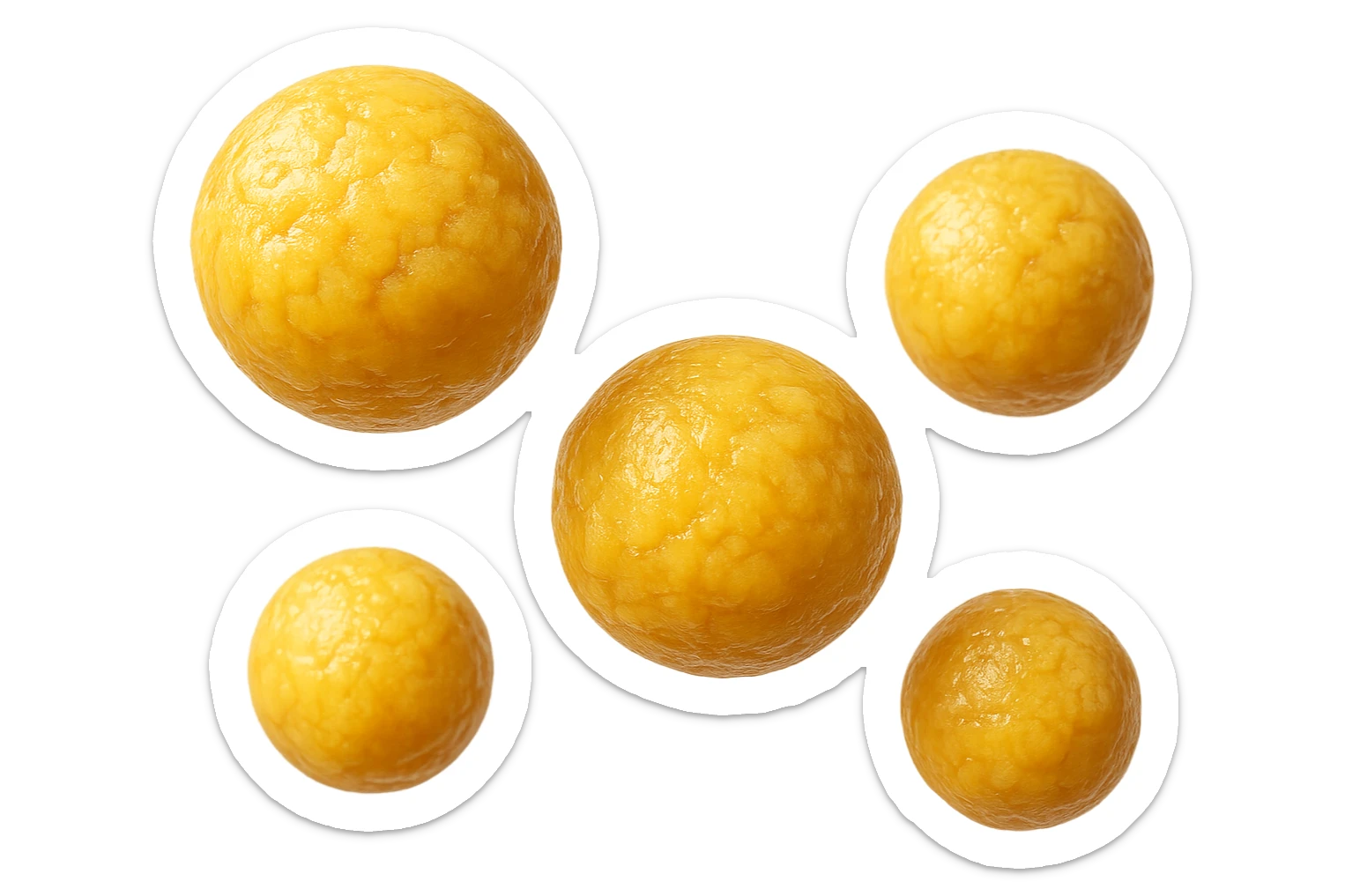 CINQUE CELLULE DI GRASSO GIALLE ANATOMICHE REALISTICHE FLUTTUANO IN ARIA, iperrealistico 4k, ISOLATA SU SFONDO BIANCO sticker