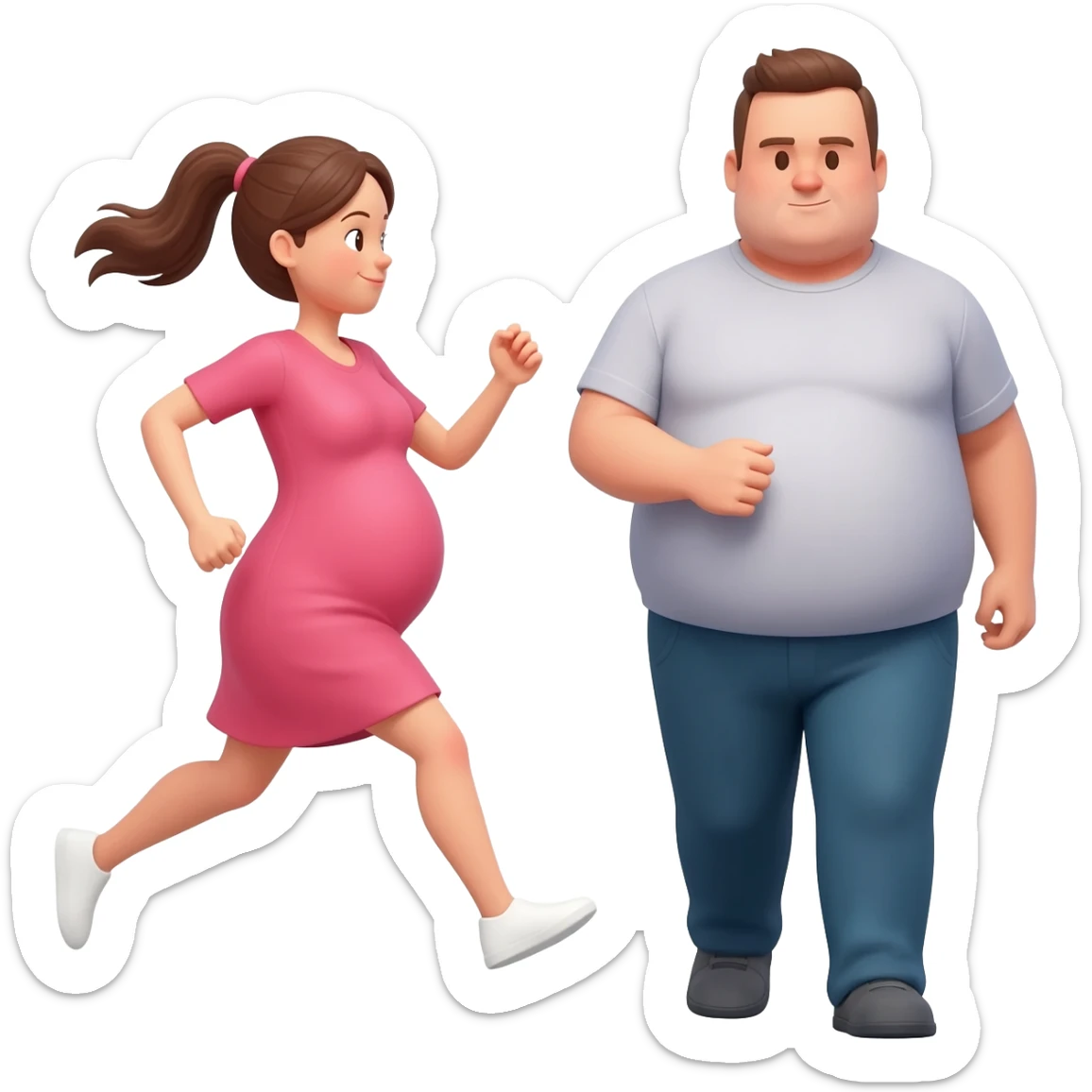 pregnant women runinng after a fat man sticker