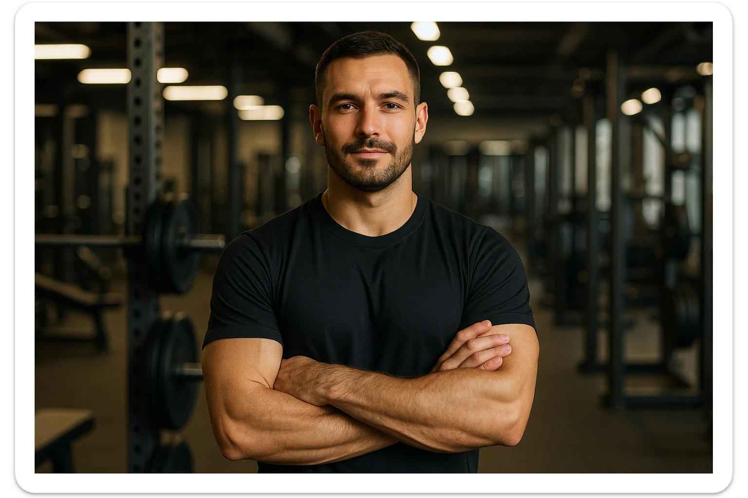 uomo sicuro di sè a braccia conserte, ben allenato e sereno, sullo sfondo una palestra sticker