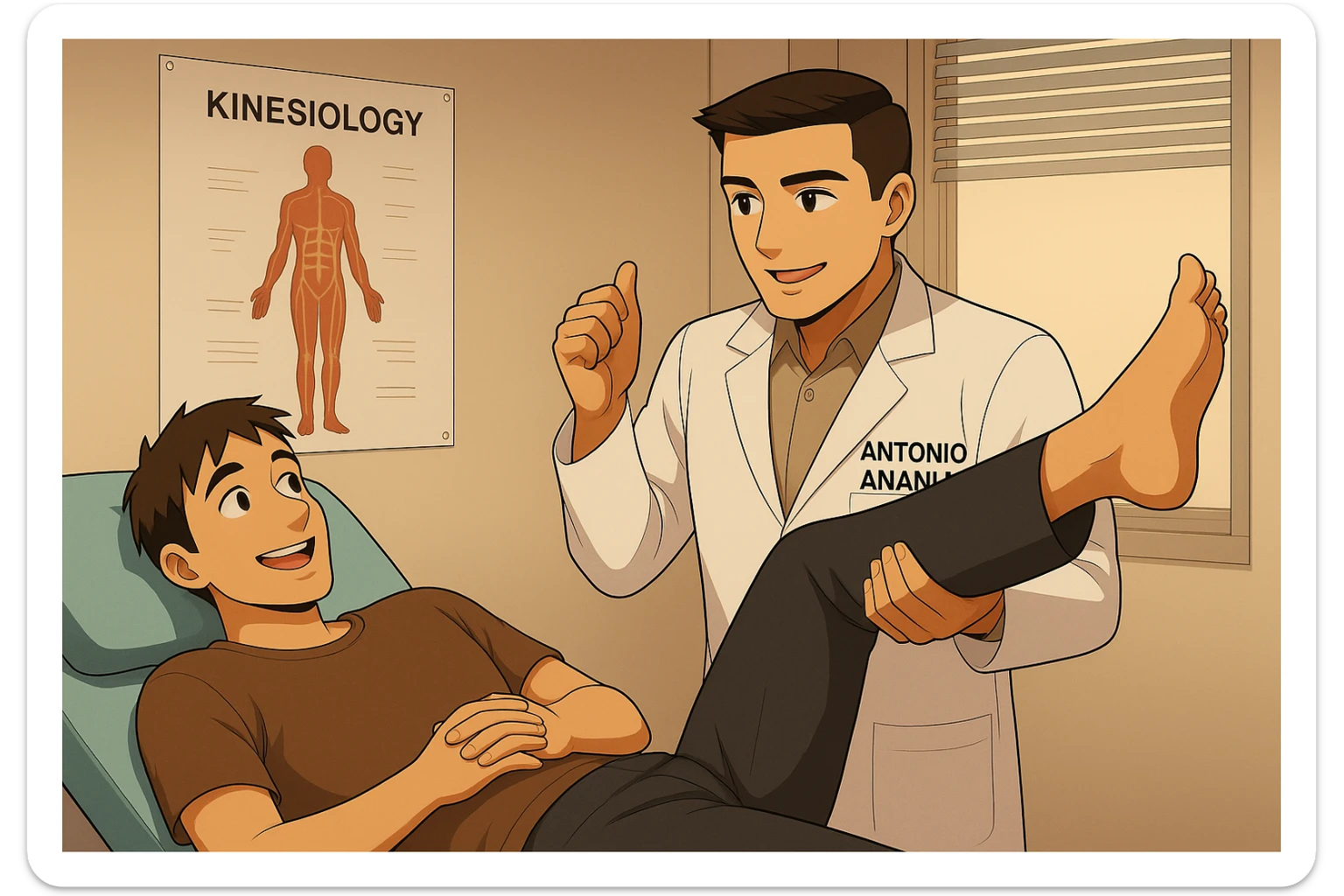 su questo lettino rappresenta un webtoon manga a colori con questo stile, in cui un uomo è steso sul lettino medico e il kinesiologo con il camice bianco (fagli anche la scritta "ANTONIO ANANIA" SUL CAMICE, gli solleva una gamba per fargli il test neuromuscolare, IL KINESIOLOGO SPIEGA ALL'UOMO UNA cosa mentre gli alza la gamba. l'espressione dell'uomo è felice e soddisfatta, non fare i fumetti però, fai solo in modo che sembri stiano parlando sticker
