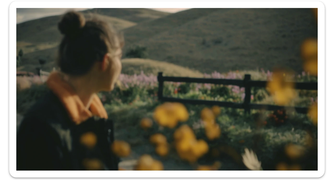 A portrait of a person in the foreground, blurred plants in the foreground (close to the camera), a wooden fence and colorfull flowers in the midground, rolling hills in the background, cinematic depth of field, layered composition, natural lighting sticker