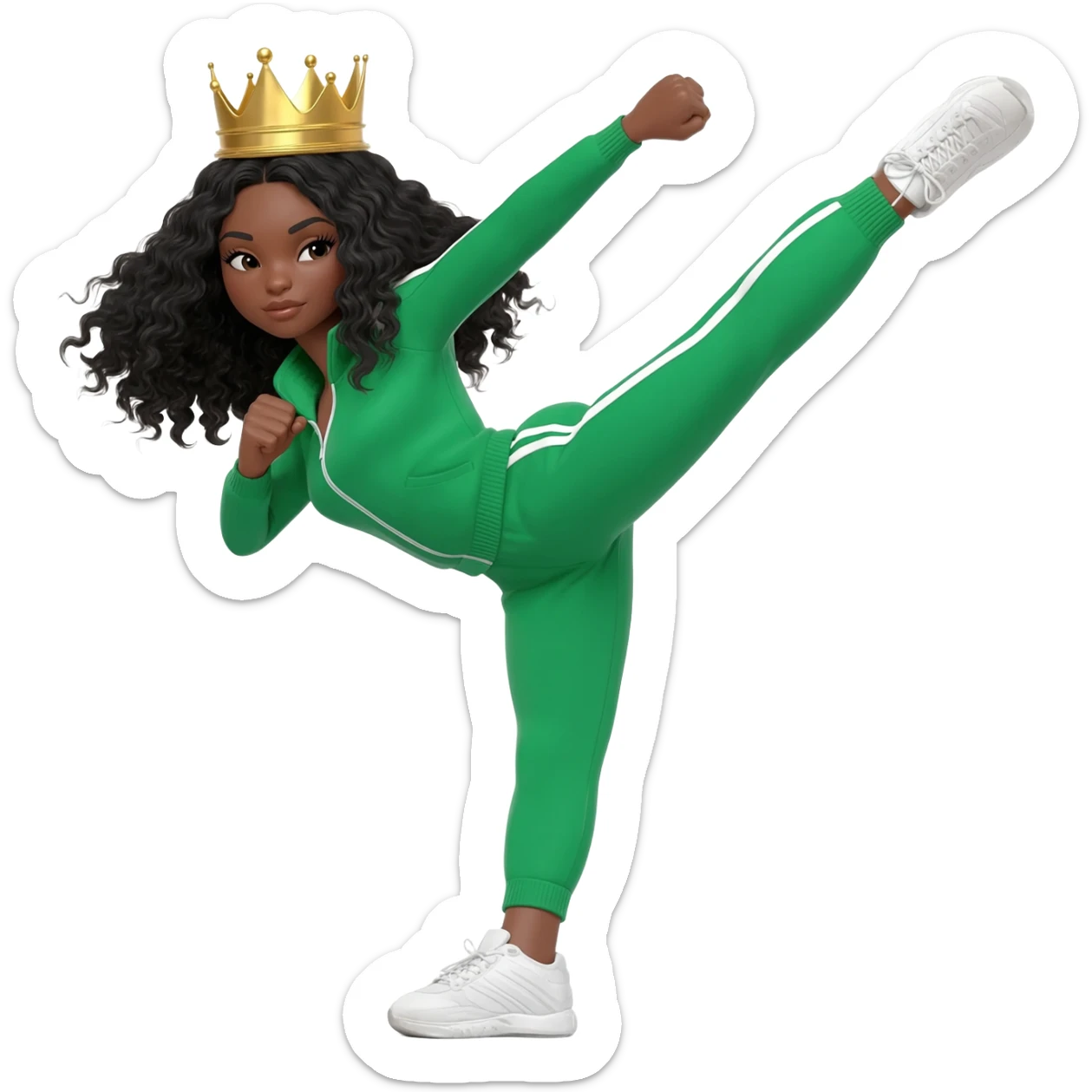 White curvy female with super wavy black hair wearing a crown and doing a high kick wearing a green track suit sticker