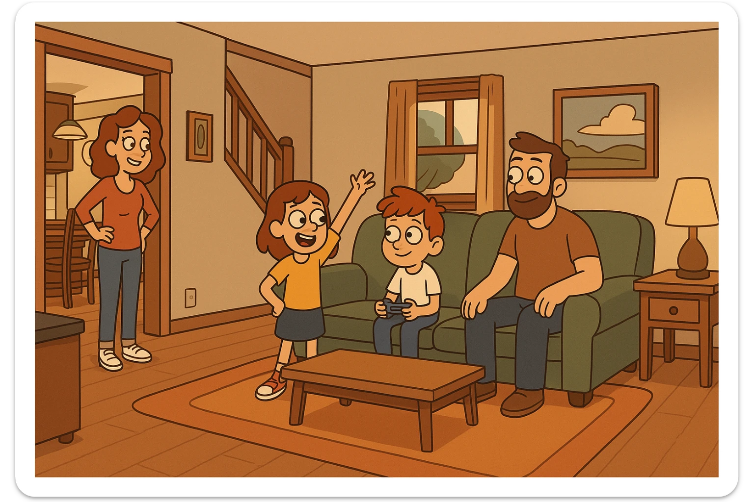 a cozy family home, warm and inviting, in a modern cartoon style sticker
