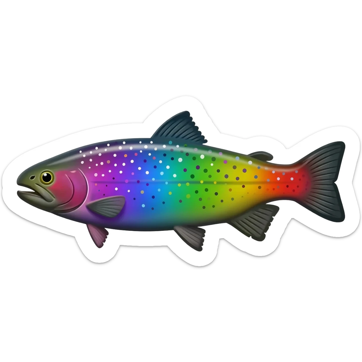 whole rainbow trout fish with spots facing left bright purple blue green yellow white sticker