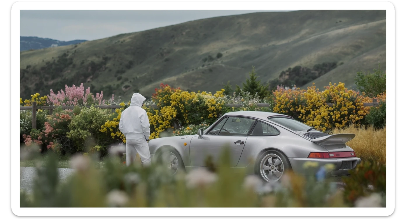 A portrait of a white person next to porsche 911 in the foreground, blurred plants in the foreground, a wooden fence and colorfull flowers in the midground, rolling hills in the background, cinematic depth of field, layered composition, natural lighting sticker