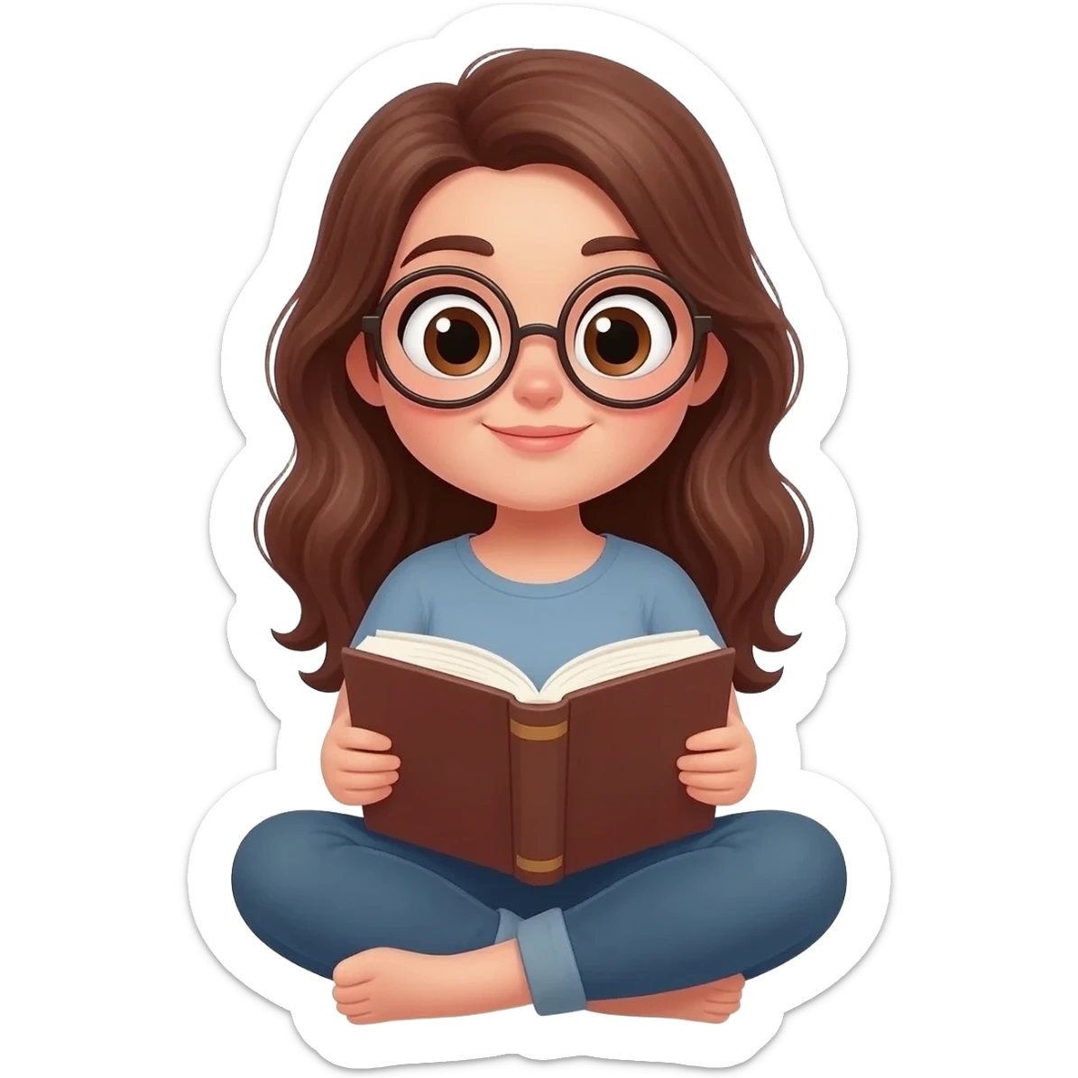 detailed emoji illustration of a curvy woman with long chestnut brown wavy hair, big light brown eyes and round glasses, sitting cross-legged and reading a book, cute emoji style sticker