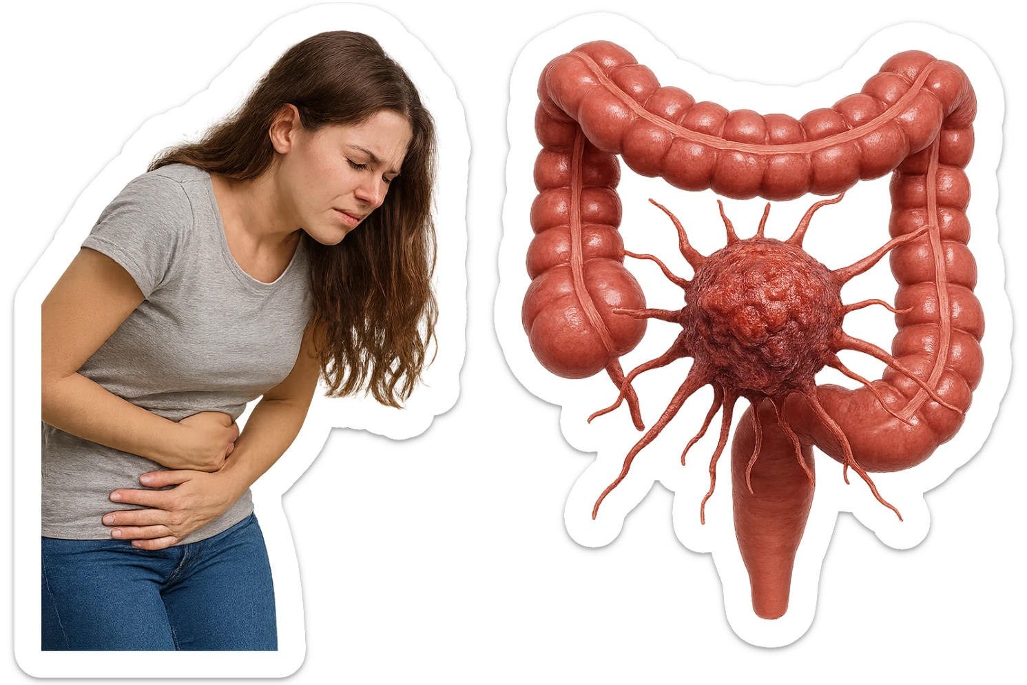 donna giovane piegata in avanti con mal di pancia e cellula tumorale che danneggia il colon, iperrealistica 4k sticker