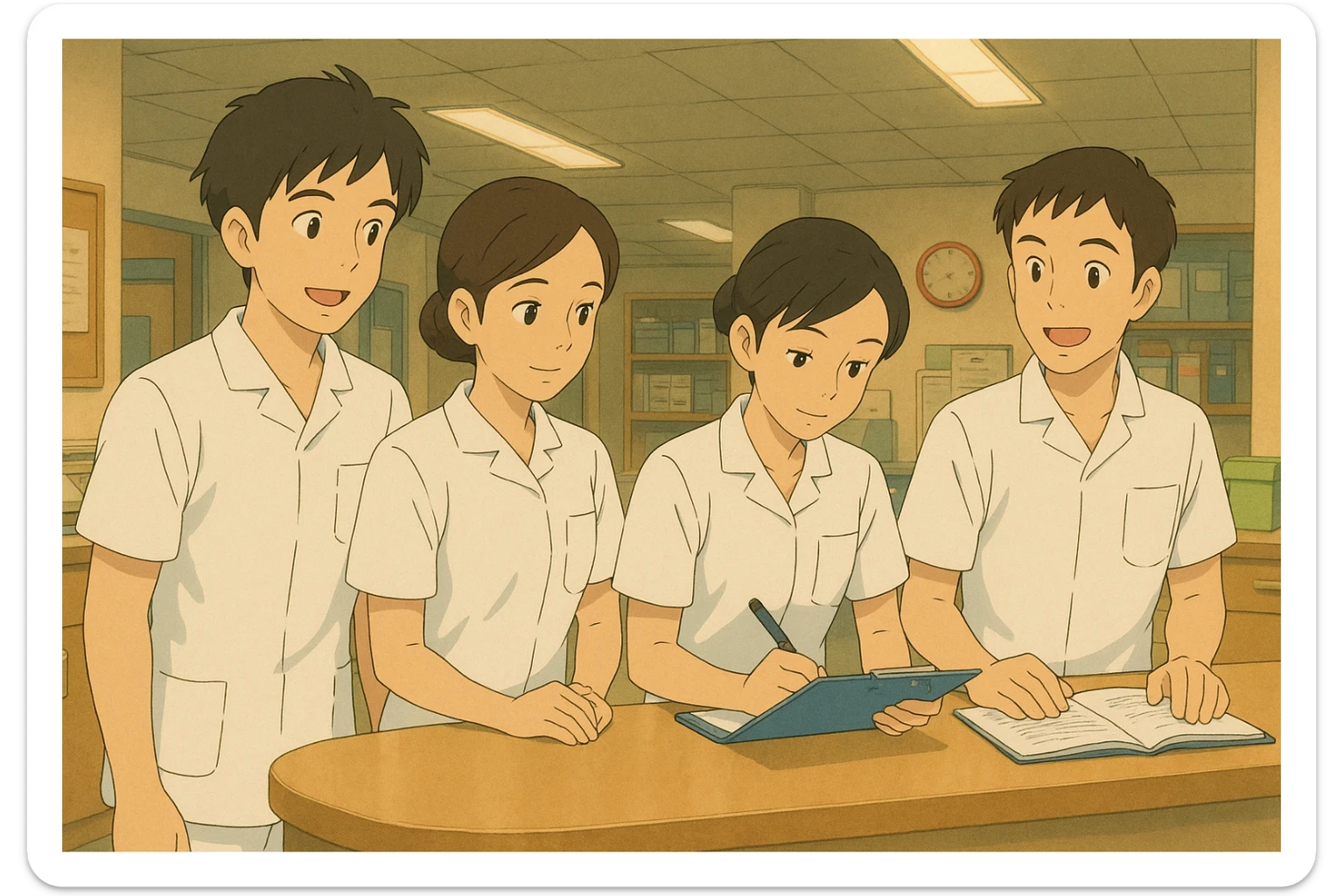 Group of four nursing students, inspired by photos, in a care station, Ghibli style, white medical tunics with short sleeves, V-neck collar, left chest pocket, no stethoscopes or clothing under sleeves, professional and friendly atmosphere. sticker