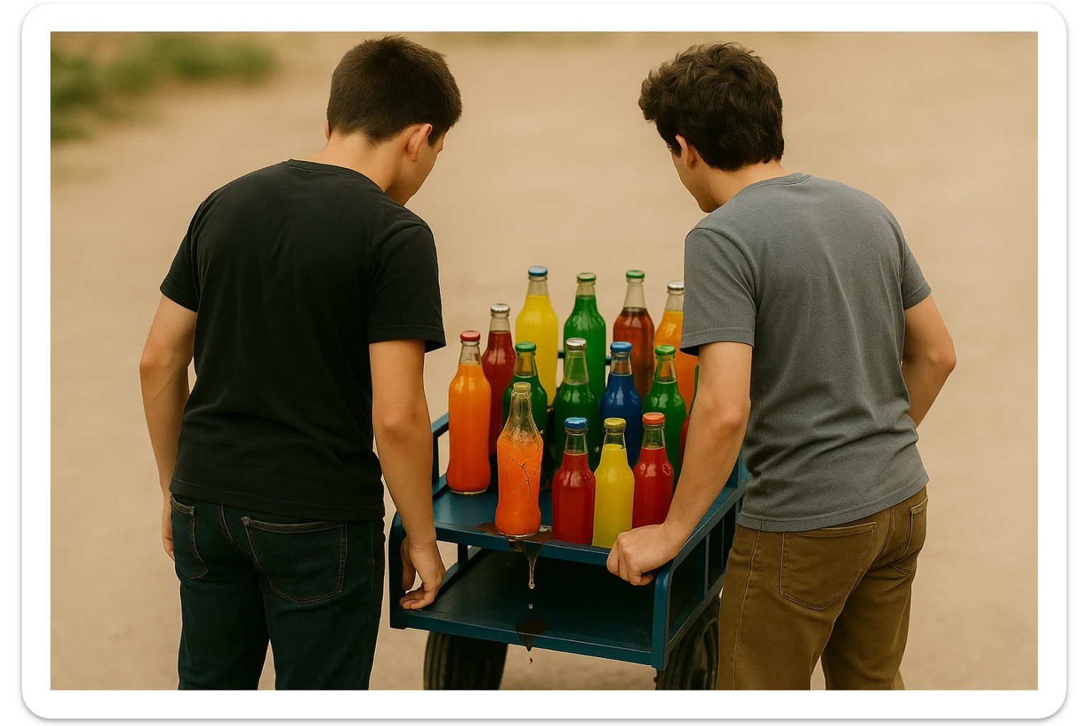 endi shu aravani bir balonchasi singan ko'rinishda va aka uka uning yonida turganini tasvirla yuzlari ko'rinmasin sticker