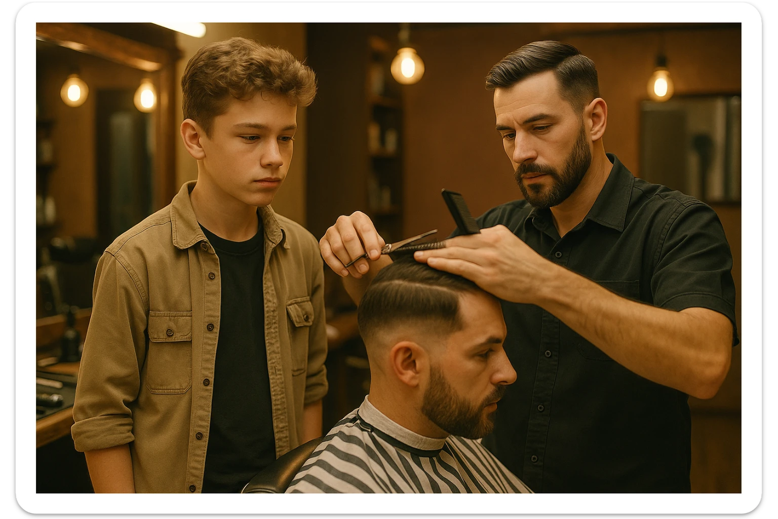 sartaroshxonada ishlayotgan o'smirin bola usta soch olayotganini kuzatib turibdi sticker