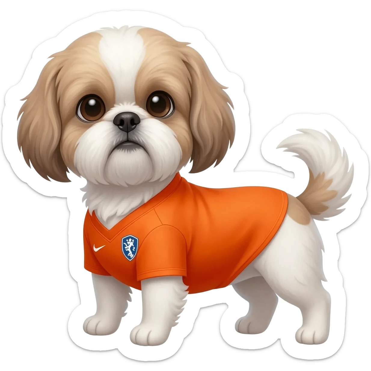 white and light brown shih zhu wearing a Netherland soccer jersey v neck 2026 work cup sticker