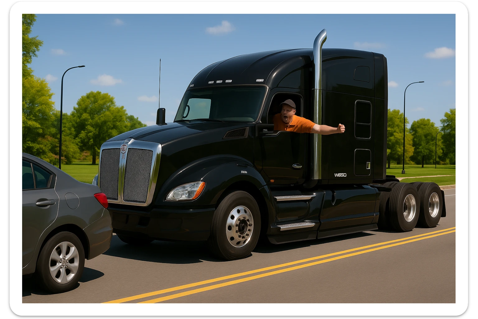 Zoom the scene out so the view is a little farther away, showing more of the road and both vehicles. Keep the black Kenworth W680 semi with chrome stack, angry bald driver in orange shirt and baseball cap, arm out the window, following a car. Scene should remain bright and vibrant. sticker