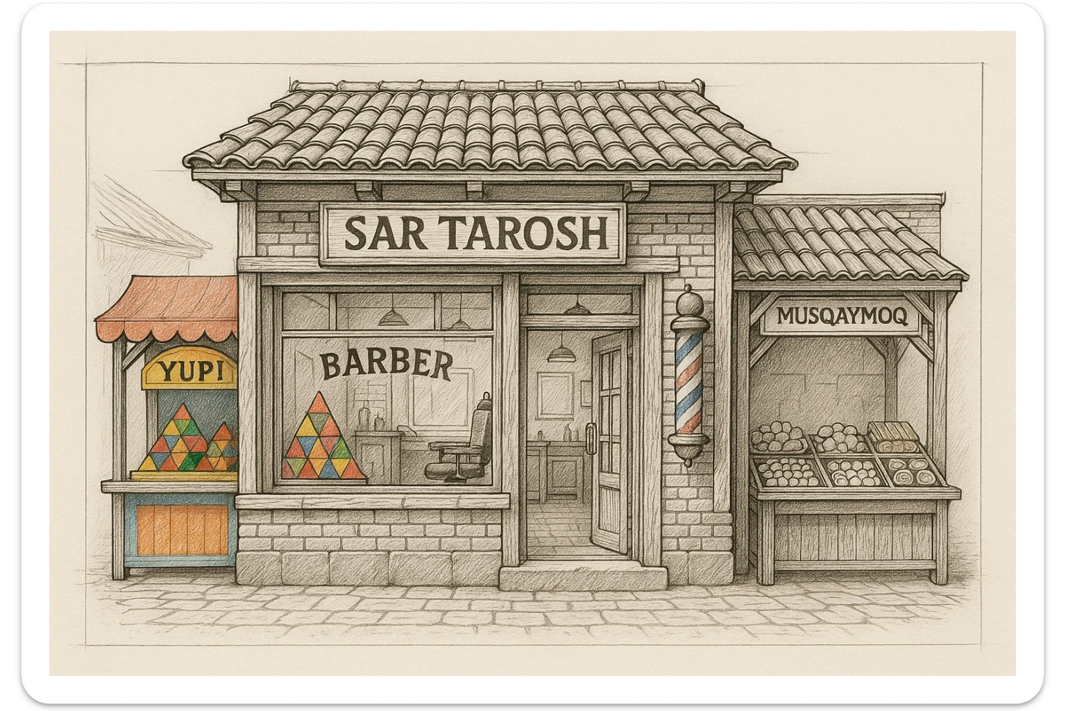 brohouse sartarosh xonasini chizib ber tashqaridan va uning yonida yupi va musqaymoq sotadigan lavkalar bulsin sticker