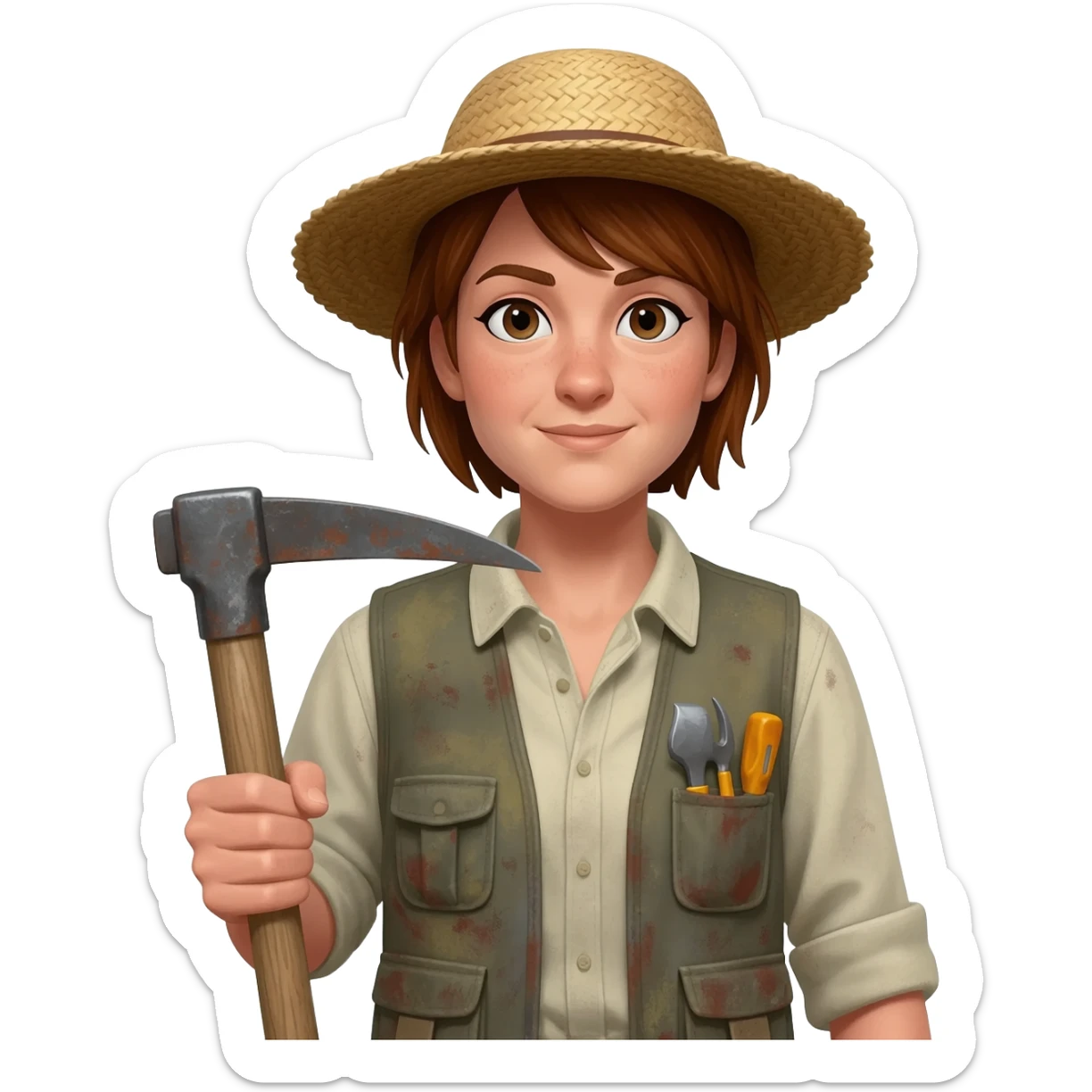 archaeologist with hat, vest, and mattock on her hand sticker