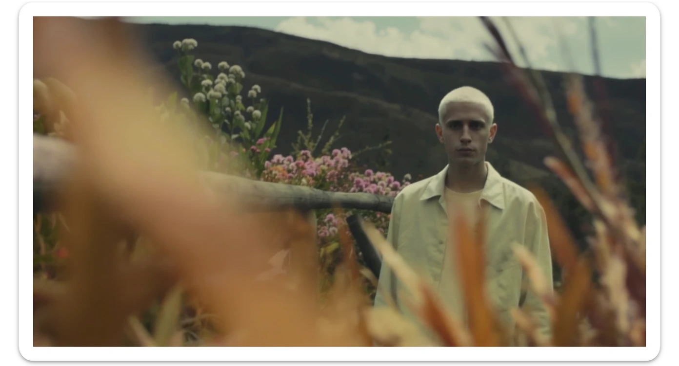 A portrait of a white person in the foreground, blurred plants in the foreground, a wooden fence and colorfull flowers in the midground, rolling hills in the background, cinematic depth of field, layered composition, natural lighting sticker