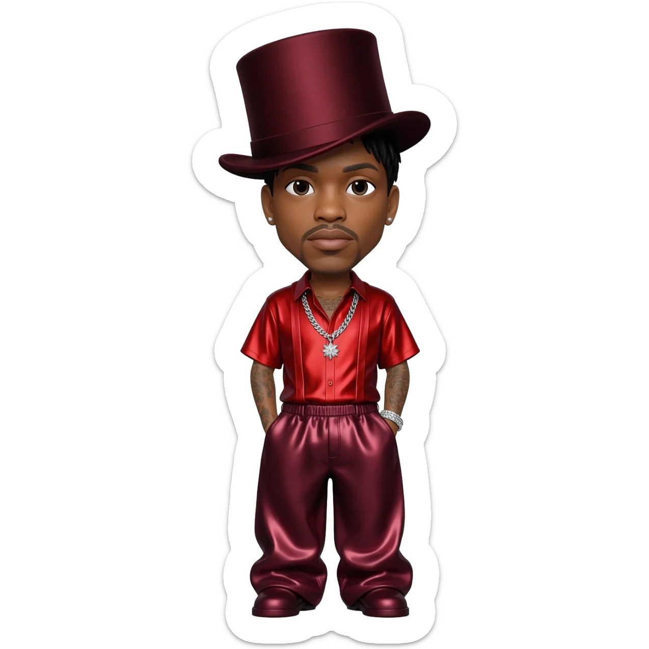 Ginuwine with black short hair, dark red top hat, red metallic shirt, burgundy metallic baggy pants, silver necklace sticker