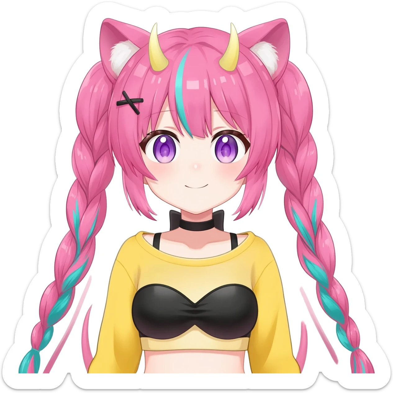 En anime-ku-jente med to rosa lange tykke fletter og cyan striper i håret, horn, og ku-ører, sort BH-topp over en gul cropped-fleece-blouse, lilla øyne, søt sløyfe på halsen  sticker
