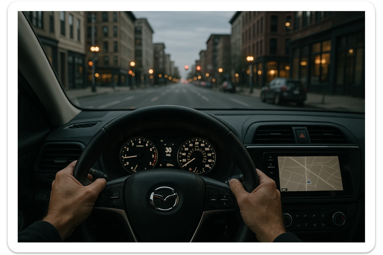 first person view of driving a car, hands gripping steering wheel, city street ahead, dashboard details sticker