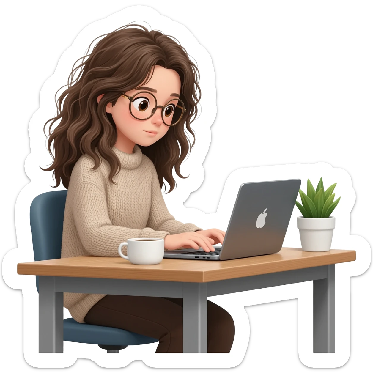 small-eyed girl with messy long  hair and glasses working from home  on PC half body and front view profile sticker