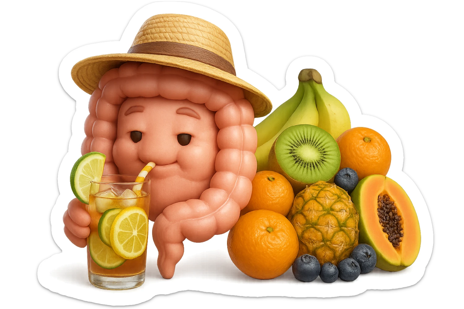 EMOJI STILE IPHONE DI INTESTINO UMANO REALISTICO CON CAPPELLO DI PAGLIA DA SPIAGGIA CHE BEVE UN Tè FREDDO IN BICCHIERE DI VETRO CON DENTRO  fette di cetriolo, limone, lime, DIETRO L'INTESTINO C'è UNA MONTAGNA DI PEZZI DI FRUTTA: Kiwi
Banana acerba
Arance e mandarini
Mirtilli
Ananas
Papaya
IPERREALISTICO 4K sticker