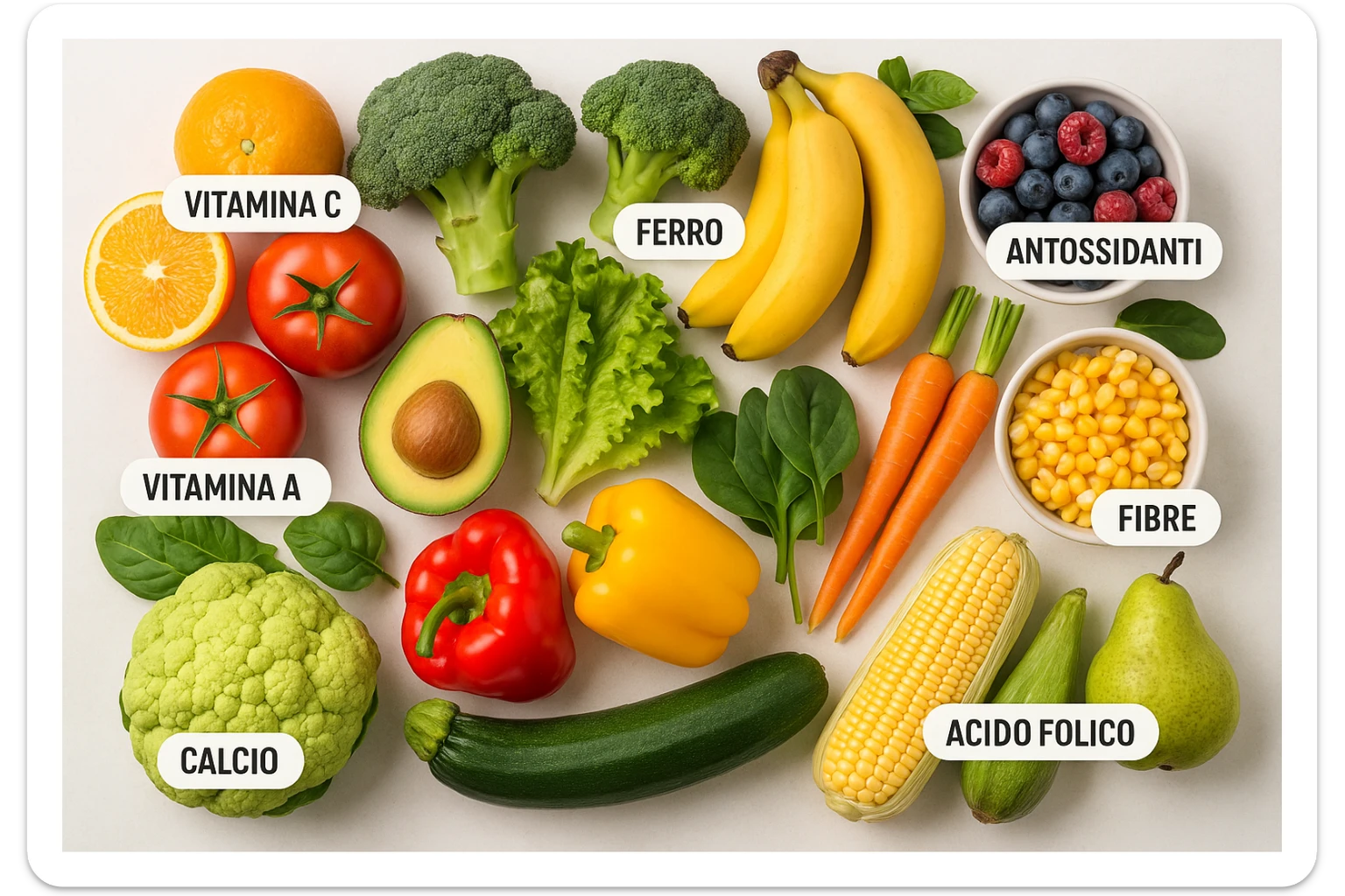 focus su frutta e verdura a tutto schermo e i micronutrienti in italiano contenuti in essa sticker