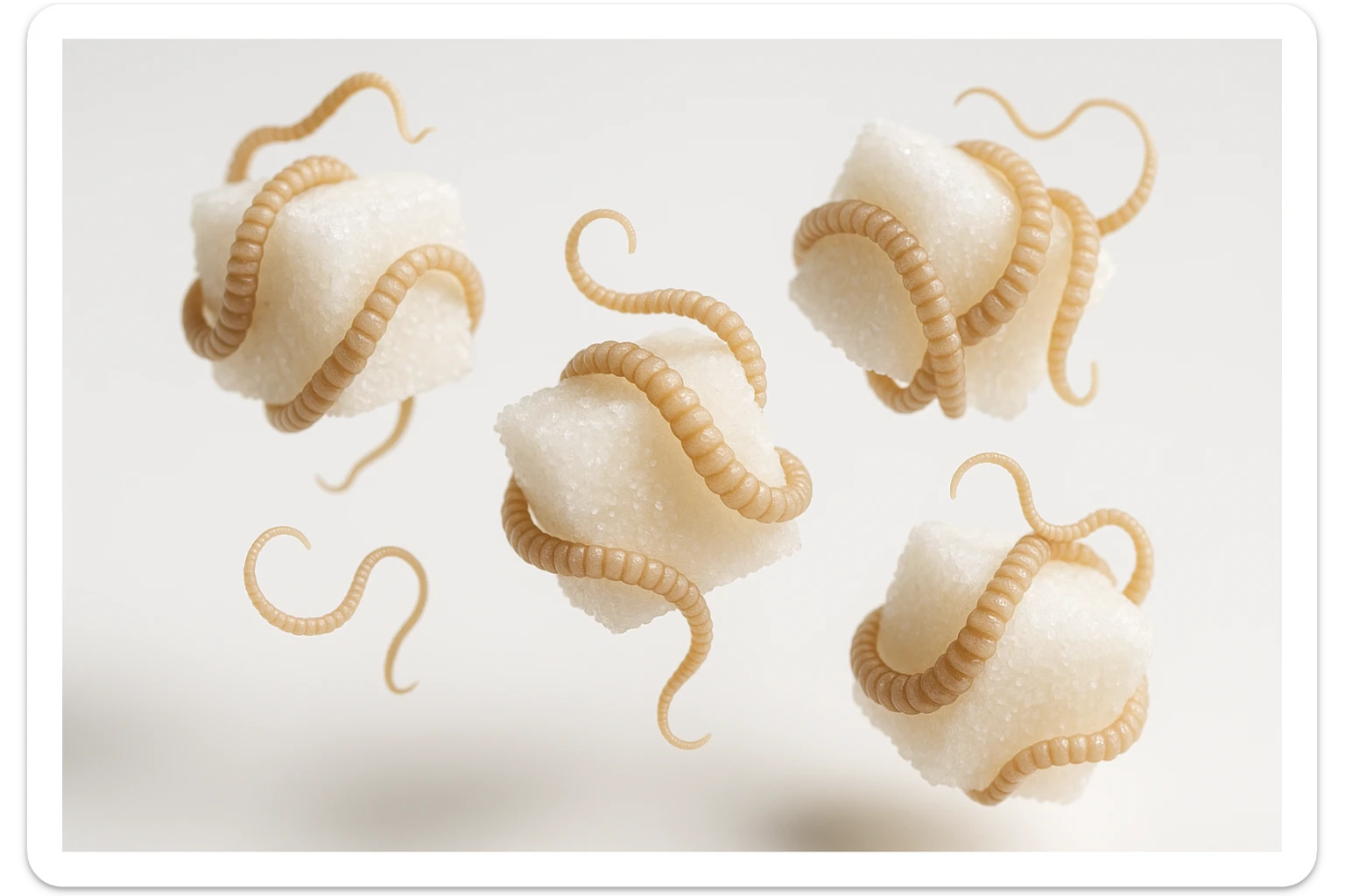 ZOLLETTE DI ZUCCHERO CON PARASSITI TIPO LA TENIA ARROTOLATE INTORNO AD OGNI ZOLLETTA, FLUTTUANO IN ARIA SU SFONDO BIANCO, IPERREALISTICO 4K sticker