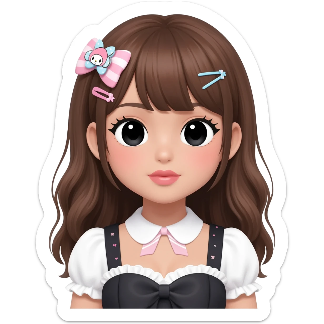 Gyaru makeup, my melody hairclip, cutecore, doll eyes, Doll, big chest, dark brown skin, with half up and half down brown hair hair style, black cute eyes, cute lips with Gyaru outfit sticker