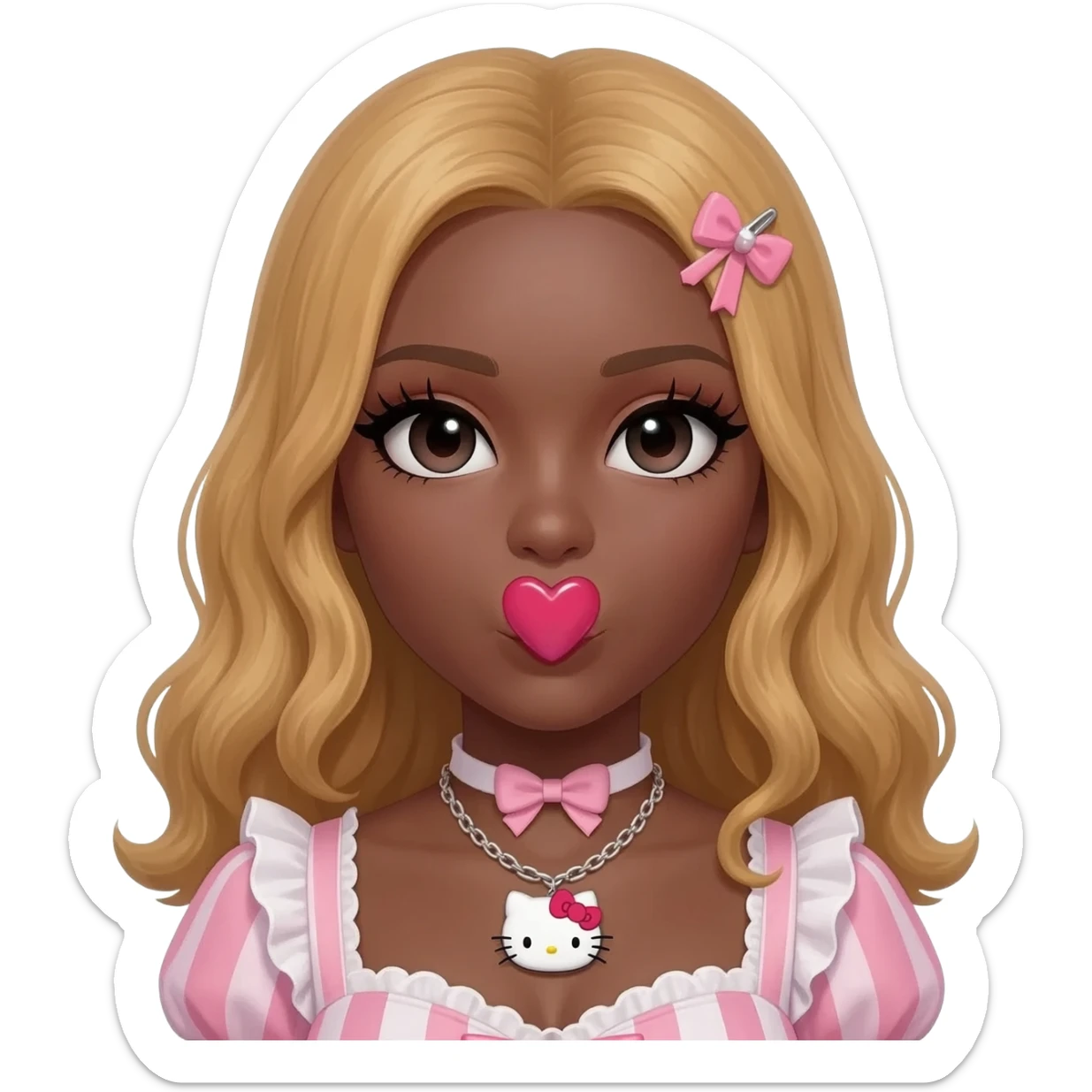 heart shaped lips, cute glossy lips, doll eyes with long lashes, dark brown skin, honey blonde hair, big chest, hello kitty necklace, one bow clip, bimbocore outfit sticker