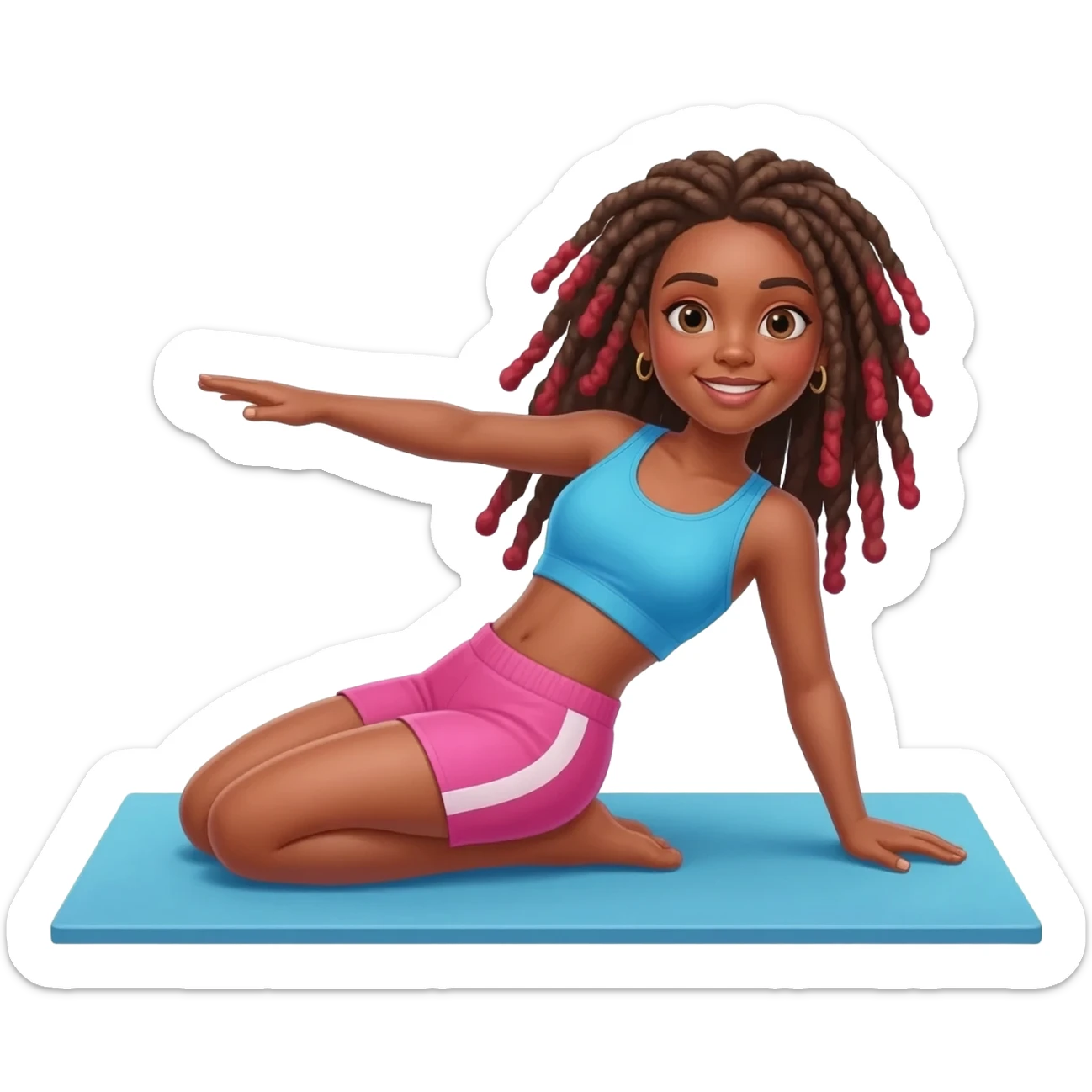 African American girl with long brown dreadlocks with red tips, pink workout shorts and a bright blue cropped top in various Pilates positions sticker