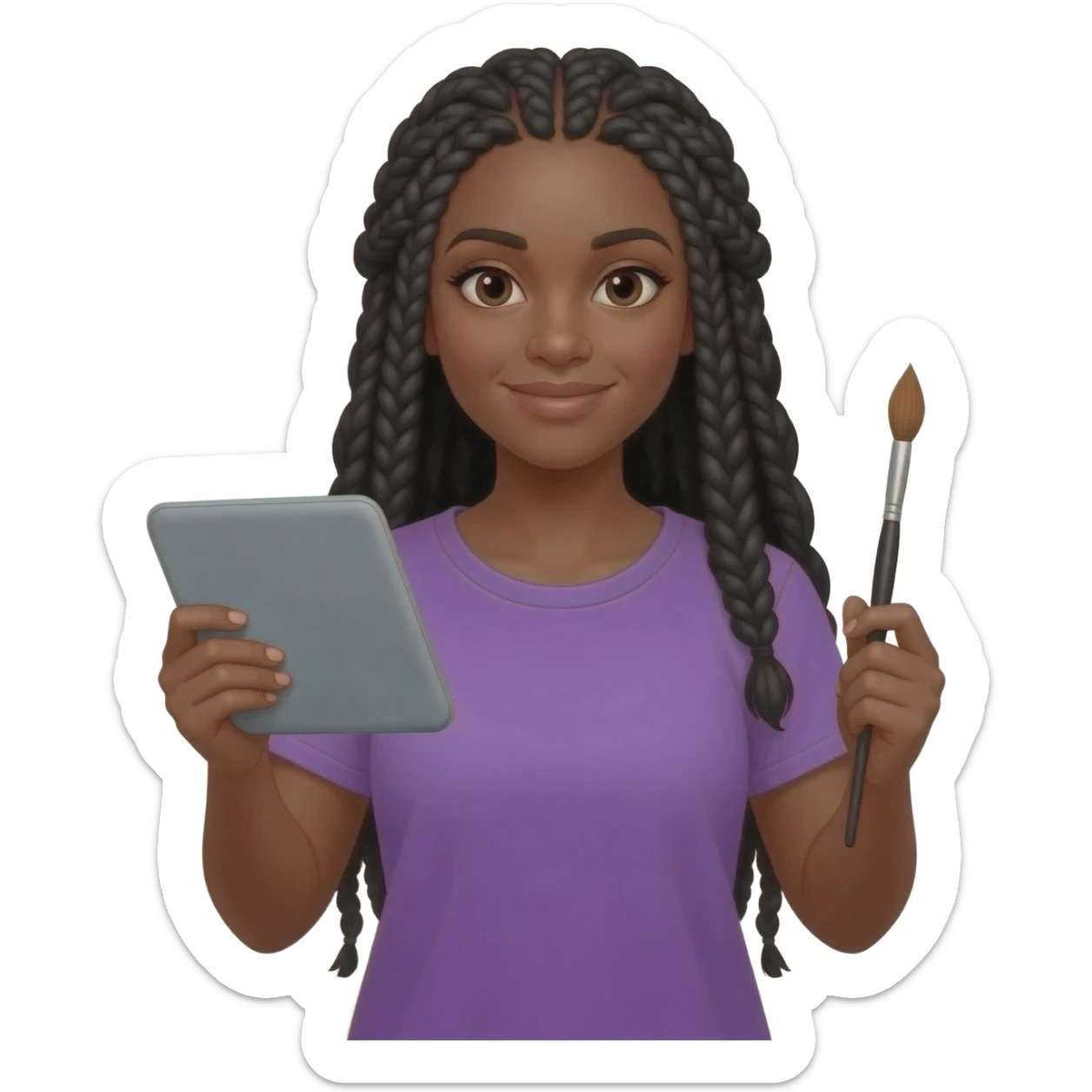 Emoji représentant une femme à la peau marron avec de longues braids noires et portant un beau débardeur violet, tenant une tablette graphique dans une main et un pinceau dans l’autre sticker